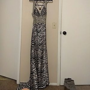 Zebra print with open back beaded prom dress